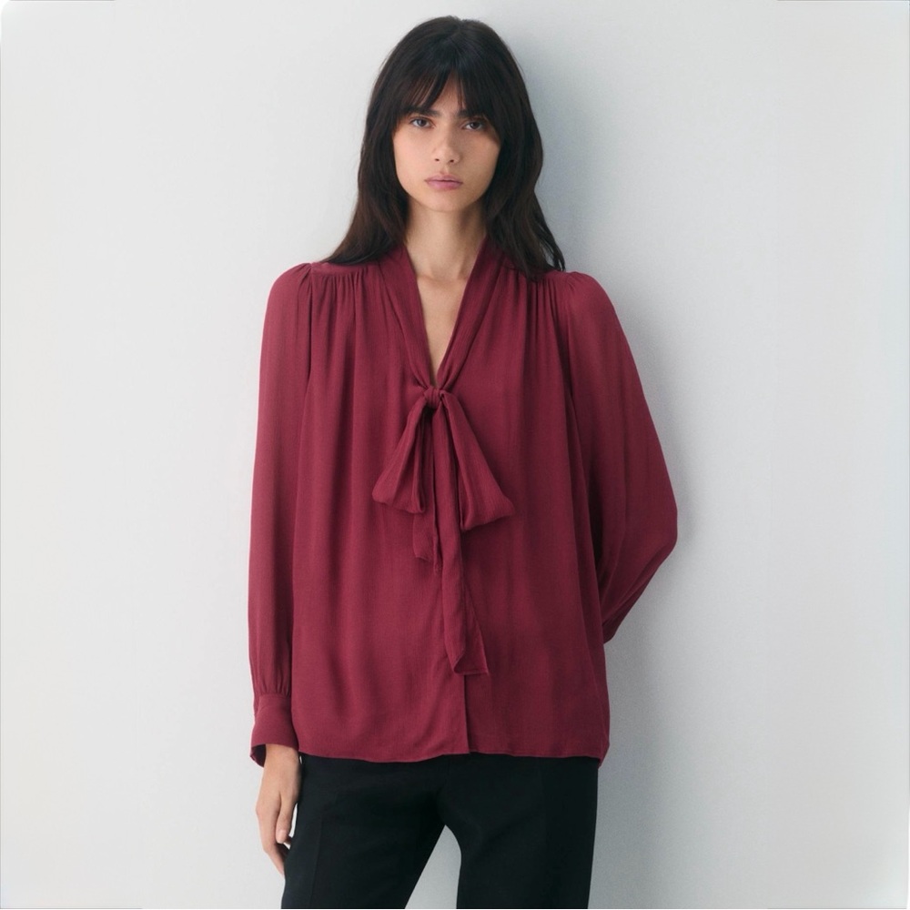 Aritzia Wilfred Rococo Blouse Cordovan Tie Neck Chiffon Flowy XS